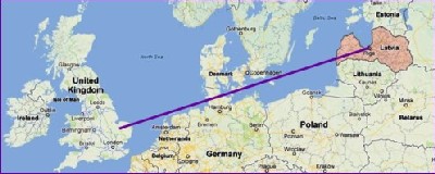 UK to Latvia map