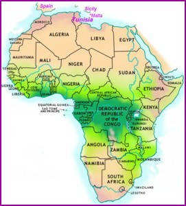 A map of Africa showing Tunisia at the top and South Africa at the bottom